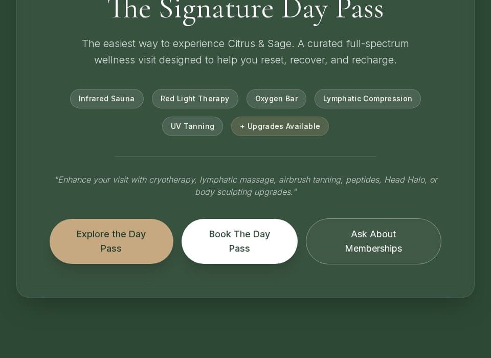 Citrus & Sage Signature Day Pass offer card with booking paths