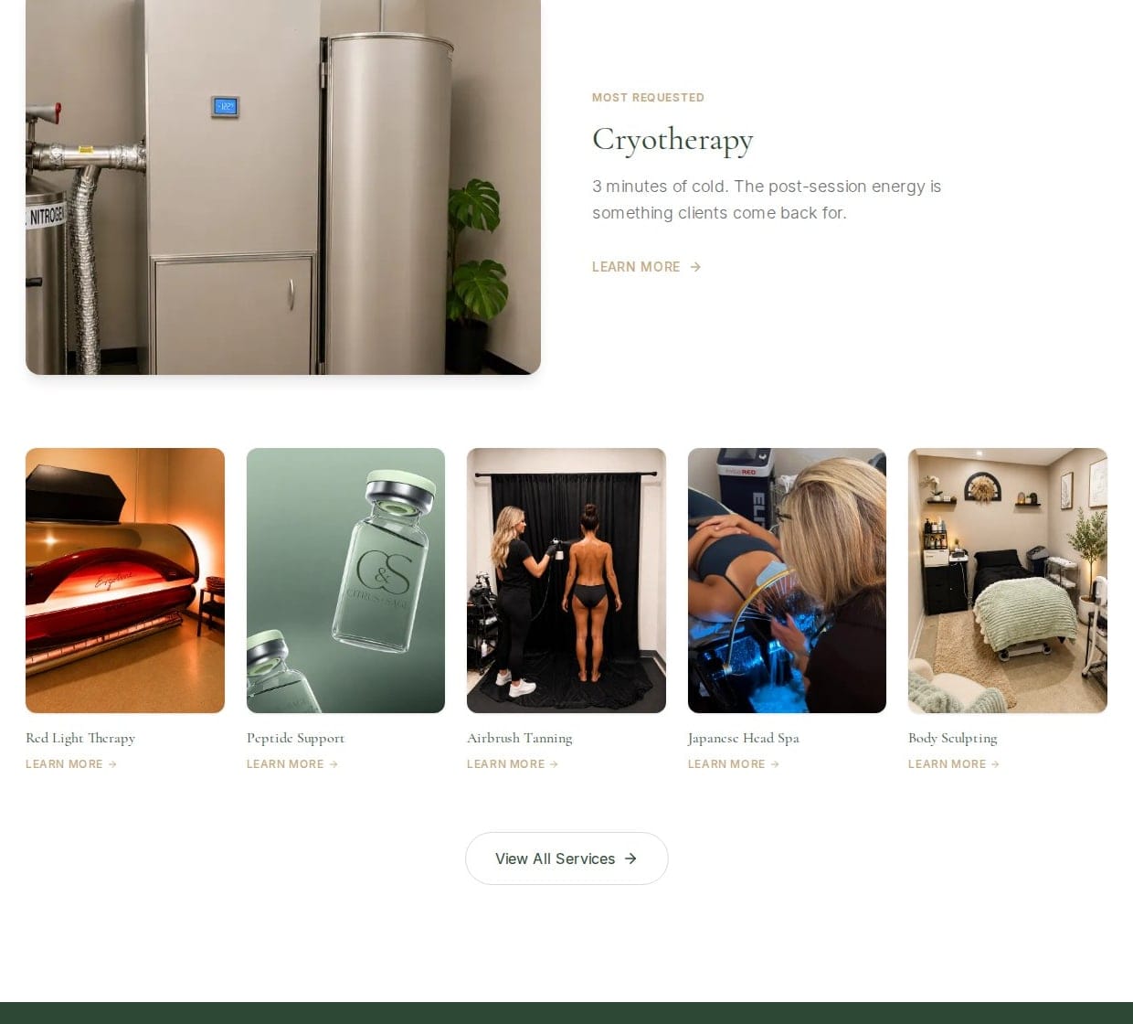 Citrus & Sage Signature Experiences — cryotherapy feature and a row of treatment photographs