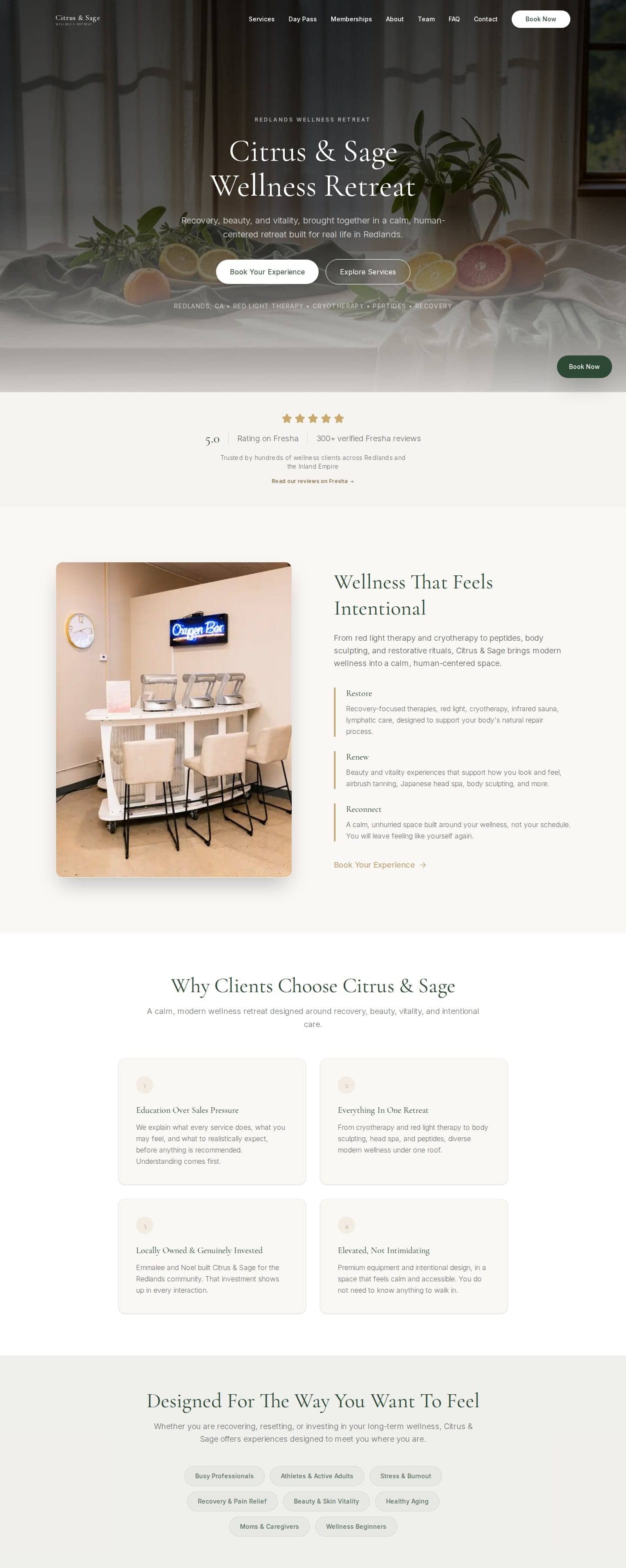 Citrus & Sage Wellness homepage, top sections