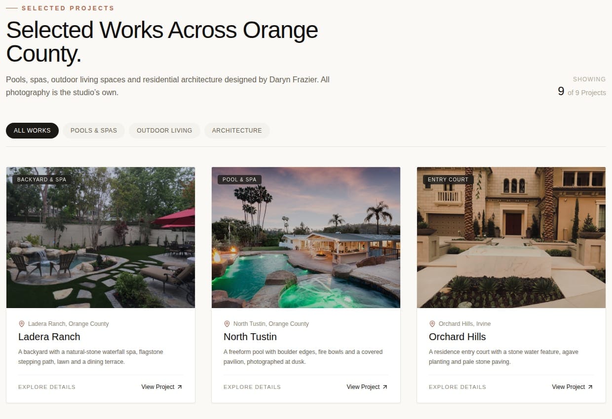Selected works grid with project filters