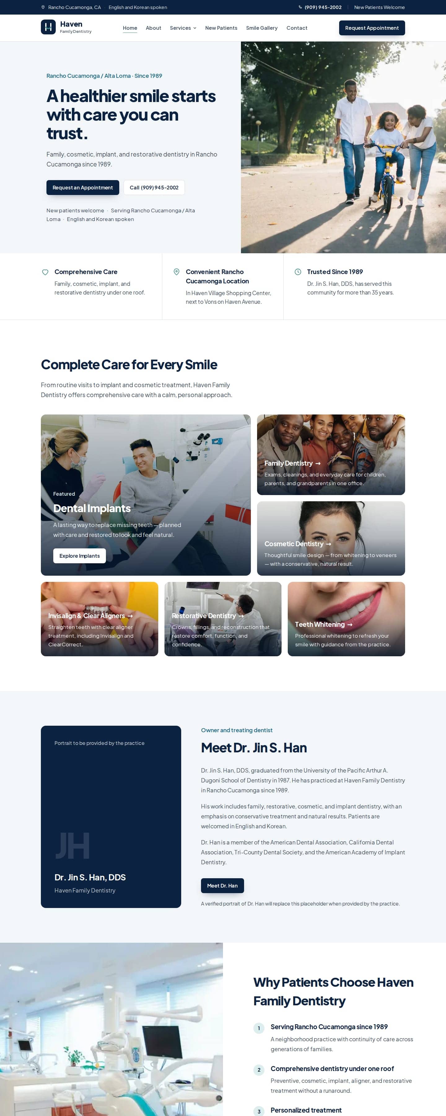 Haven Family Dentistry homepage, top sections