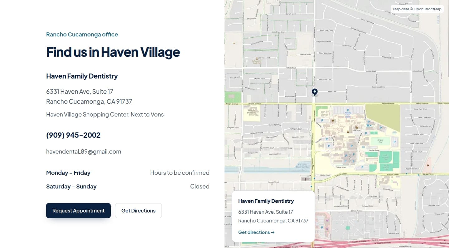 Haven location section — address, phone, hours and a map