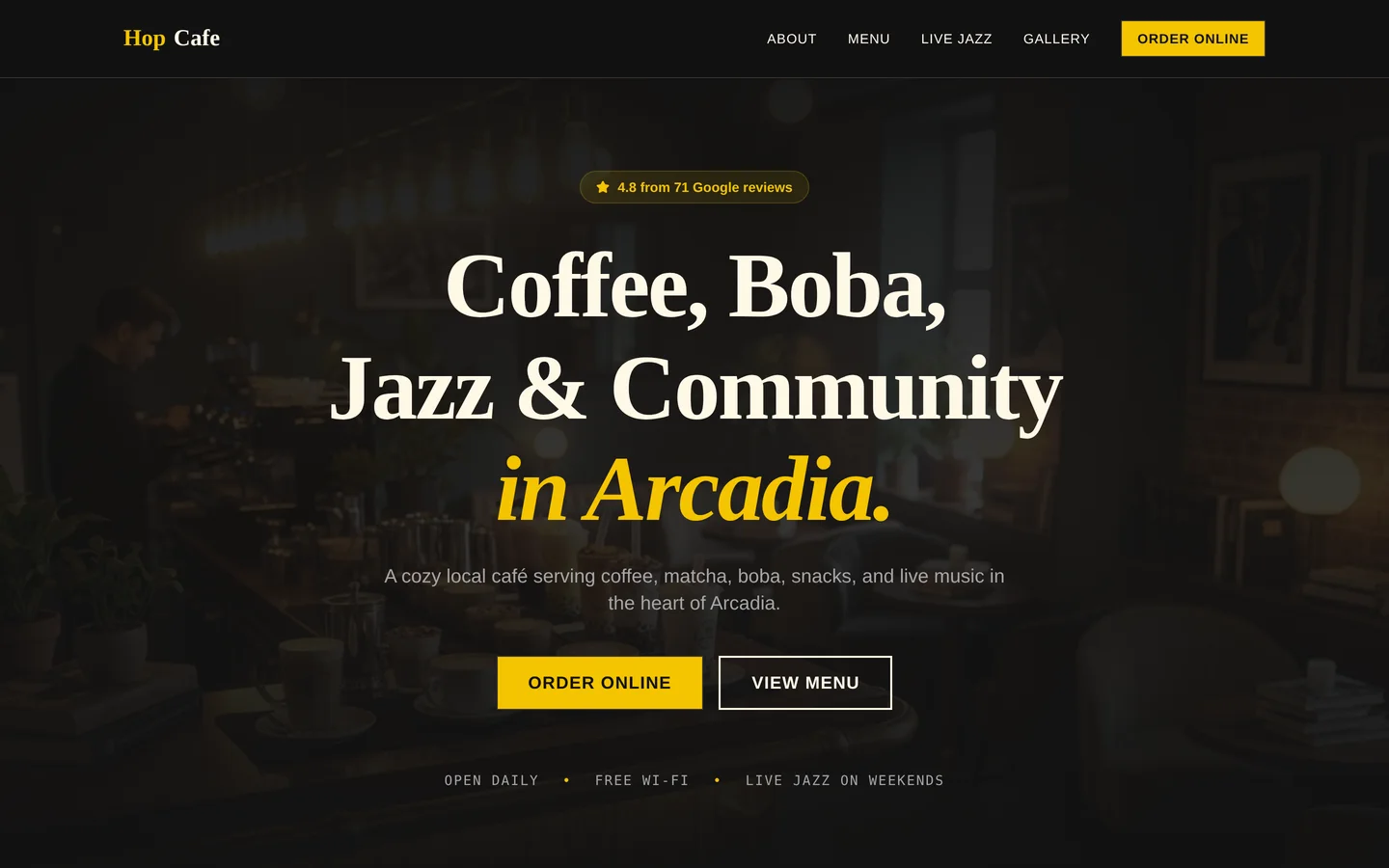 Hop Cafe homepage — coffee, boba, jazz and community in Arcadia