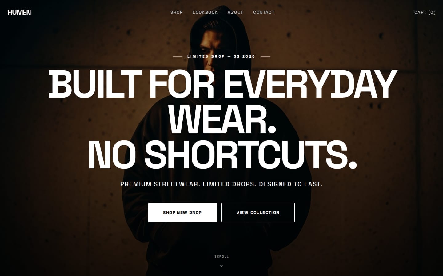 Humen Streetwear homepage — 'Built for everyday wear. No shortcuts.' over a full-bleed image