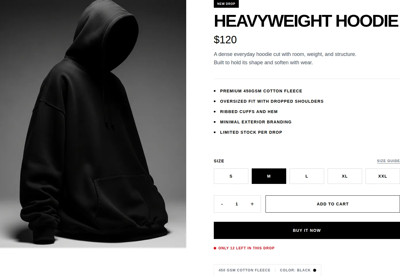 Humen product page — size, quantity, add to cart