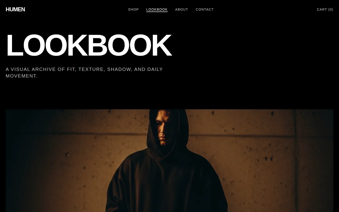 Humen lookbook — dark, asymmetric editorial layout