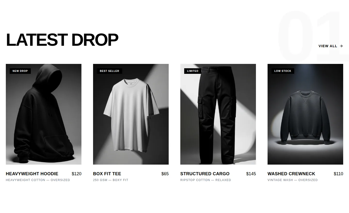Humen 'Latest Drop' grid — four pieces with pricing, fabric and fit