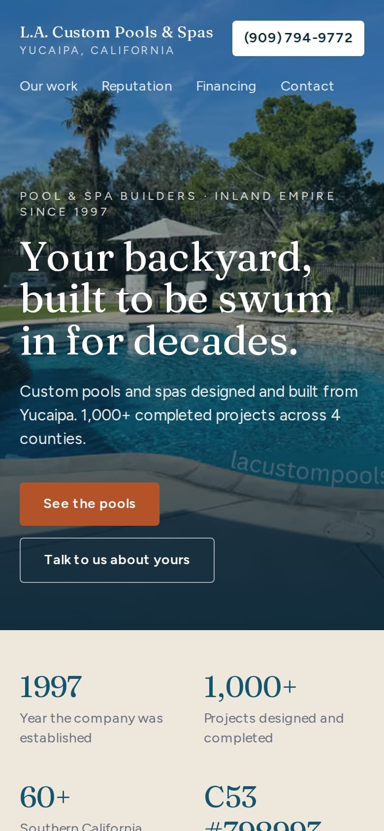 L.A. Custom Pools & Spas homepage on a phone