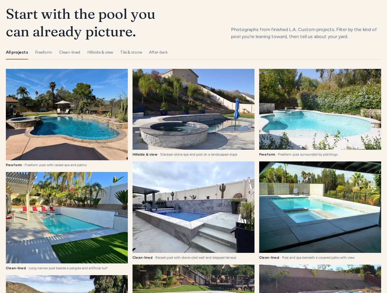 Filterable gallery of finished pools by style