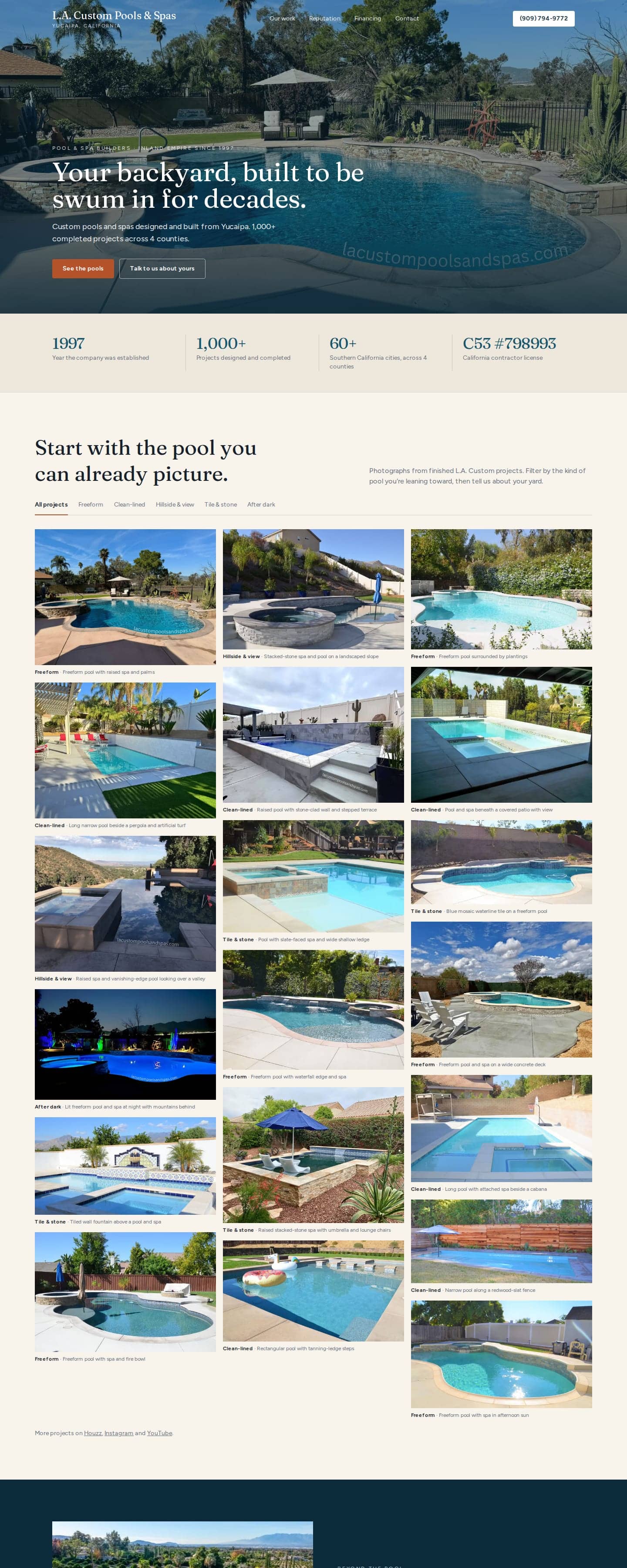 L.A. Custom Pools & Spas homepage, top sections