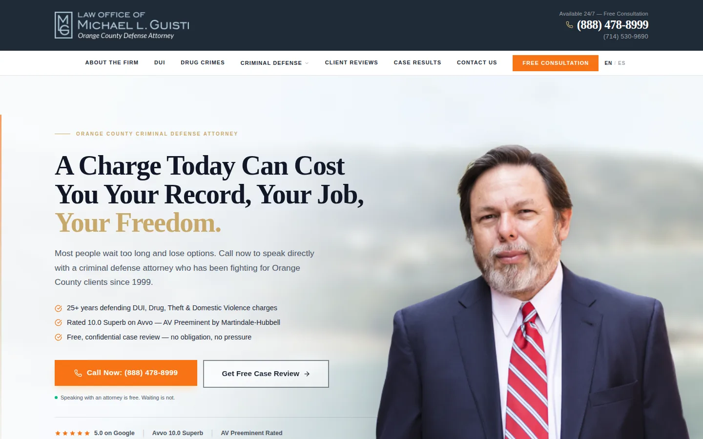 OC Attorney homepage — urgency headline, attorney photo, call and case review buttons