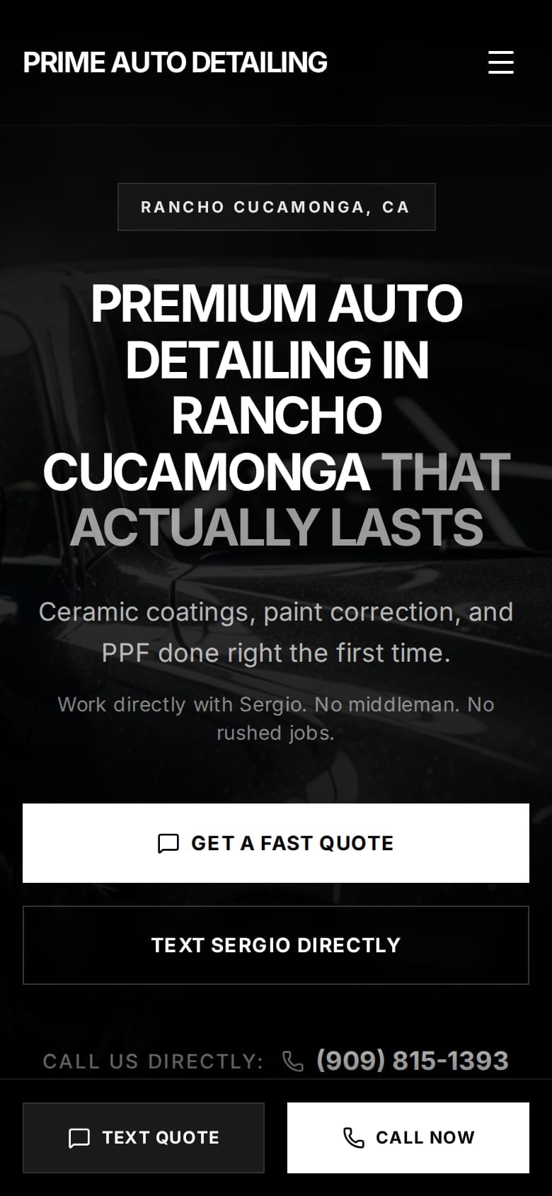 Prime Auto Detailing homepage on a phone with quote, text and call buttons