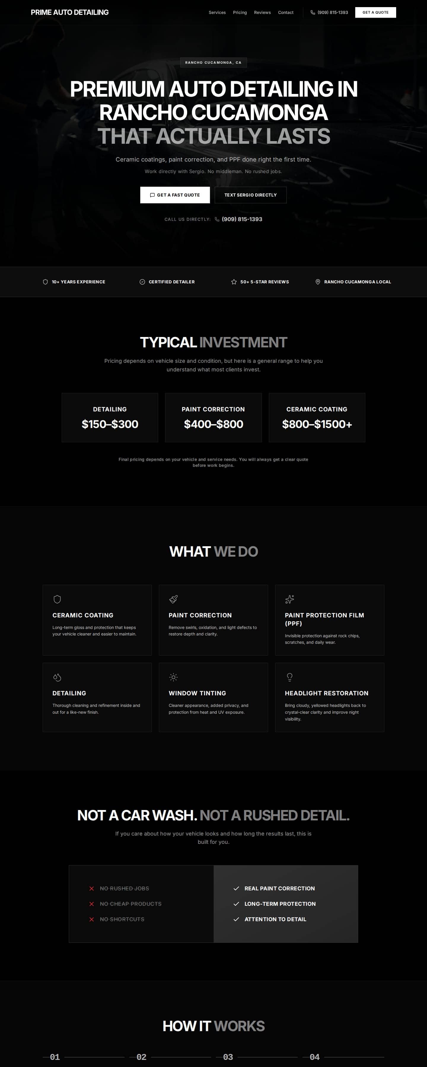 Prime Auto Detailing homepage, top sections
